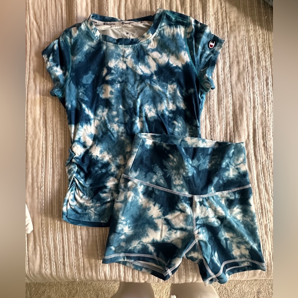 MATCHING SET!!!!! Adorable champion teal tie dye ruched baby tee + booty shorts